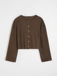 Koszulka rozpinana z domieszką bawełny - brązowy. Brązowe t-shirty damskie Sinsay, l, bez wzorów, z bawełny, bez kołnierzyka. Za 39.99 zł.