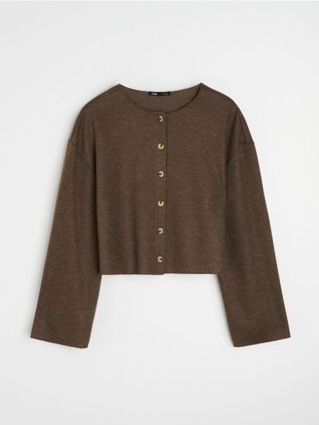 Koszulka rozpinana z domieszką bawełny - brązowy. Brązowe t-shirty damskie Sinsay, l, bez wzorów, z bawełny, bez kołnierzyka. Za 39.99 zł.