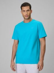 4F T-shirt regular gładki męski - niebieski L. Niebieskie t-shirty męskie 4f, l, bez wzorów, z materiału, bez kołnierzyka. Za 49.99 zł.