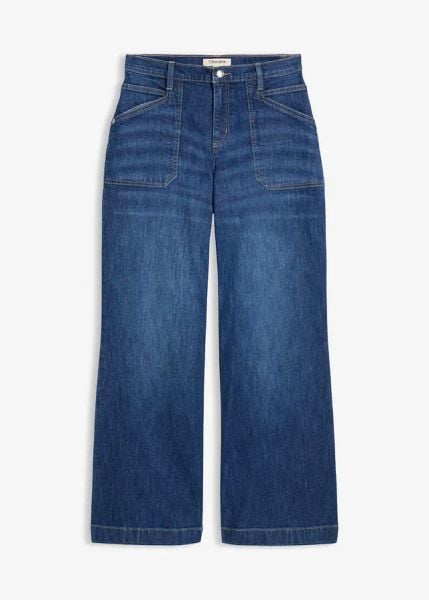 Dżinsy z szerokimi nogawkami, mid waist, i naszywanymi kieszeniami. Niebieskie jeansy damskie bonprix. Za 159.99 zł.