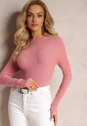 Różowy Dopasowany Sweter z Prążkami i Ozdobnym Tłoczeniem Linametta. Czerwone swetry klasyczne damskie Renee, z jeansu, bez kołnierzyka. Za 49.99 zł.
