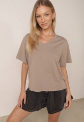 Beżowy T-shirt z Bawełny z Trójkątnym Dekoltem Siliphe. Brązowe t-shirty damskie Born2be, uniwersalny, bez wzorów, z bawełny, bez kołnierzyka. Za 79.99 zł.