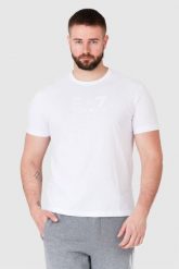 EA7 Biały t-shirt męski z aplikacją z logo. Białe t-shirty męskie EA7 Emporio Armani, m, z aplikacjami, prążkowane, bez kołnierzyka. W wyprzedaży za 149.99 zł.