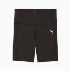 Damskie spodenki do biegania Puma. Czarne spodenki sportowe damskie Puma, bez wzorów, z materiału, sportowe, z podwyższonym stanem. Za 264.99 zł.