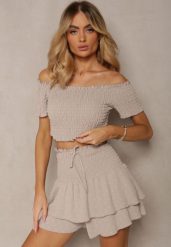 Beżowy Komplet Top Hiszpanka i Spódnico-Spodenki z Falbanami oraz Gumką Rinaria. Brązowe szorty damskie Renee, bez wzorów, z jeansu. Za 44.99 zł.