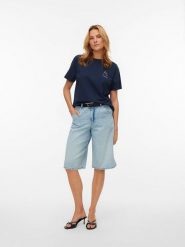 Vero Moda Koszulka w kolorze granatowym rozmiar: S. Niebieskie bluzki damskie Vero Moda, s, bez wzorów, z bawełny, bez kołnierzyka, bez ramiączek. Za 76.45 zł.