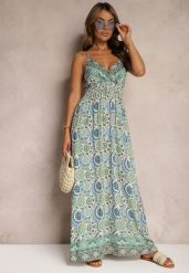 Zielona Sukienka w Stylu Boho na Ramiączkach z Gumką w Talii Felorea. Zielone sukienki damskie Renee, na lato, m, bez wzorów, z materiału, boho, bez kołnierzyka, bez ramiączek, maxi. W wyprzedaży za 45.49 zł.