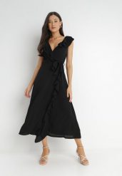 Czarna Sukienka Mellothee. Czarne sukienki damskie Born2be, na imprezę, m, bez wzorów, z materiału, eleganckie, bez kołnierzyka, bez ramiączek, midi, kopertowe. W wyprzedaży za 127.99 zł.