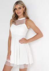 Biała Rozkloszowana Sukienka Mini z Siateczką Philippina. Białe sukienki damskie Born2be, na imprezę, bez wzorów, z tiulu, bez kołnierzyka, bez ramiączek, mini, rozkloszowane. W wyprzedaży za 103.99 zł.