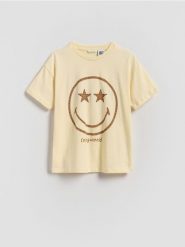 T-shirt SmileyWorld® - beżowy. Brązowe koszulki dziewczęce Reserved, bez wzorów, z bawełny, bez ramiączek. Za 45.99 zł.