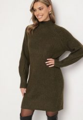 Zielona Sweterkowa Sukienka z Półgolfem i Wełną o Pudełkowym Kroju Norienne. Zielone sukienki damskie Born2be, na co dzień, bez wzorów, z wełny, eleganckie, bez kołnierzyka, bez ramiączek, mini. W wyprzedaży za 111.99 zł.