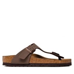 Japonki Birkenstock. Brązowe klapki damskie Birkenstock, bez wzorów, bez obcasa. Za 429.99 zł.