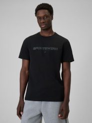 4F T-shirt regular z nadrukiem męski - czarny S. Czarne t-shirty męskie 4f, m, bez wzorów, z bawełny, bez kołnierzyka. Za 69.99 zł.
