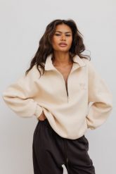 Bluza oversize z zamkiem w kolorze BISQUIT - STATE-UNI. Brązowe bluzy bez kaptura damskie Marsala, z bawełny. Za 299.90 zł.