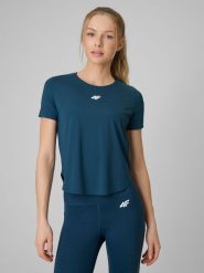4F Koszulka treningowa regular szybkoschnąca damska - turkusowa M. Niebieskie topy sportowe damskie 4f, m, bez wzorów, ze skóry, bez ramiączek. Za 129.99 zł.