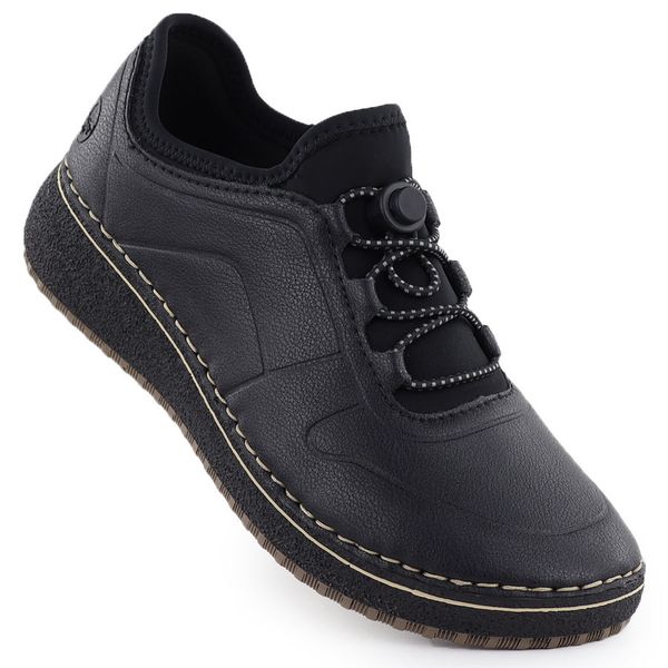 Skórzane półbuty damskie na podwyższeniu czarne Rieker 50960-00. Czarne półbuty damskie Rieker, bez wzorów, ze skóry, bez obcasa. Za 349.00 zł.