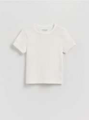 Bawełniany t-shirt - złamana biel. Koszulki dziewczęce Reserved, bez wzorów, z bawełny, bez ramiączek. Za 27.99 zł.