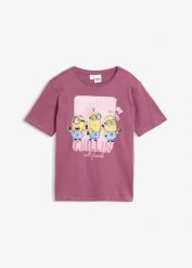 T-shirt z czystej bawełny, z kultowym motywem Minionka. Fioletowe koszulki dziewczęce bonprix, bez wzorów, z bawełny, bez ramiączek. Za 64.99 zł.