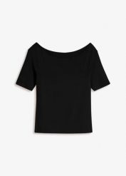 T-shirt z dekoltem carmen z mieszanki wiskozy. Czarne t-shirty damskie bonprix, bez wzorów, z wiskozy, bez kołnierzyka. Za 52.99 zł.
