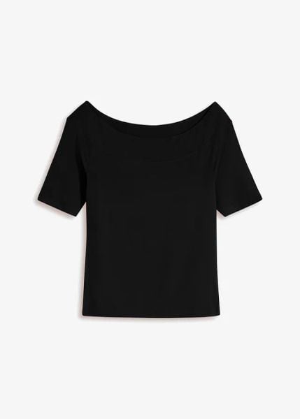 T-shirt z dekoltem carmen z mieszanki wiskozy. Czarne t-shirty damskie bonprix, bez wzorów, z wiskozy, bez kołnierzyka. Za 52.99 zł.