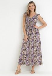 Fioletowa Wiskozowa Sukienka Maxi w Kwiaty z Gumką w Pasie Tolira. Fioletowe sukienki damskie Born2be, l, bez wzorów, z wiskozy, bez kołnierzyka, bez ramiączek, maxi, rozkloszowane. W wyprzedaży za 43.99 zł.