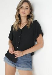 Czarna Koszula z Koronką i Trójkątnym Dekoltem Kieratia. Czarne koszule damskie Born2be, na lato, l, bez wzorów, z koronki, bez kołnierzyka, bez ramiączek. Za 44.99 zł.