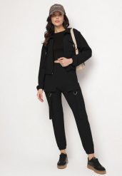 Czarny Komplet Dresowy Bluza Rozpinana i Spodnie Slim w Stylu Utility Telavienna. Czarne bluzy bez kaptura damskie Born2be, m, z dresówki. Za 84.99 zł.