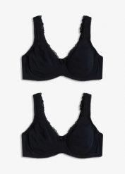 Biustonosz typu T-shirt optycznie zmniejszający biust, na fiszbinach, z bawełny organicznej (2 szt.). Czarne biustonosze bonprix, bez wzorów, z bawełny. Za 102.99 zł.