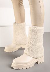 Beżowe Botki na Grubej Tłoczonej Podeszwie Ozdobione Futerkiem Emirae. Brązowe botki damskie Born2be, z jeansu, eleganckie, bez obcasa, na obcasie, bez zapięcia. Za 149.99 zł.