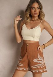 Brązowe Szorty High Waist z Bawełny Zdobione Haftem Filianira. Brązowe szorty damskie Renee, z aplikacjami, z bawełny, eleganckie, z podwyższonym stanem. Za 59.99 zł.