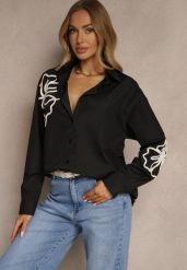Czarna Koszula z Wiskozą o Fasonie Oversize z Kwiatowym Zdobieniem Sarbia. Czarne koszule damskie Renee, l, z aplikacjami, z jeansu, eleganckie, bez kołnierzyka, bez ramiączek. Za 89.99 zł.