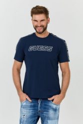 GUESS Granatowy t-shirt Arlo Cn. Niebieskie t-shirty męskie Guess, l, z aplikacjami, bez kołnierzyka. W wyprzedaży za 109.99 zł.