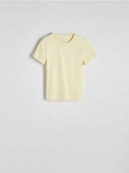 Gładki t-shirt - kremowy. Białe t-shirty damskie Reserved, l, bez wzorów, z dzianiny, bez kołnierzyka. W wyprzedaży za 29.99 zł.