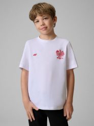 4F Koszulka kibica dziecięca - biała 164 (13-14 lat). Białe koszulki dziewczęce 4f, bez wzorów, z bawełny, bez ramiączek. Za 39.99 zł.