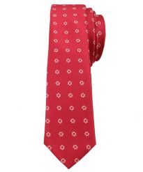 Czerwony Stylowy Krawat (Śledź) Męski w Białe Kwiatki -ALTIES- 5 cm, Wąski, Motyw Florystyczny. Czerwone krawaty i muchy męskie Alties, bez wzorów, z tkaniny, eleganckie. Za 35.00 zł.