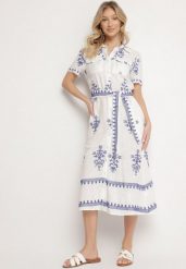 Biała Wiskozowa Sukienka Koszulowa z Haftowanym Wzorem i Paskiem Divalis. Białe sukienki damskie Born2be, na co dzień, l, bez wzorów, z wiskozy, eleganckie, bez kołnierzyka, bez ramiączek, midi, koszulowe. W wyprzedaży za 135.99 zł.
