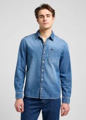 MESKA KOSZULA JEANSOWA LEE LEESURE SHIRT MID BLUE DENIM 112370551. Niebieskie koszule męskie Lee, m, bez wzorów, z denimu, bez kołnierzyka, bez ramiączek. Za 169.99 zł.