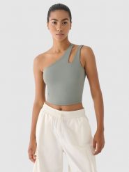 4F Crop top treningowy na jedno ramię 4F x Anna Lewandowska - khaki L. Brązowe topy damskie 4f, l, bez wzorów, z dzianiny, bez ramiączek. Za 129.99 zł.