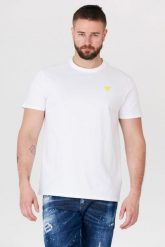 GUESS Biały t-shirt męski z żółtym logo. Białe t-shirty męskie Guess, m, z aplikacjami, bez kołnierzyka. W wyprzedaży za 99.99 zł.