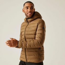 Marizion Męska wodoodporna aktywna kurtka z kapturem z przegrodami. Brązowe kurtki męskie Regatta, m, bez wzorów, z puchu, eleganckie, z kapturem. Za 199.99 zł.