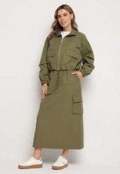 Zielony Komplet z Bawełną Rozpinana Bluza i Spódnica Evariel. Brązowe bluzy bez kaptura damskie Born2be, l, z bawełny. Za 279.99 zł.