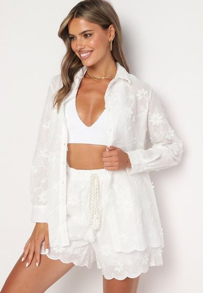 Biały Komplet Koszula z Długim Rękawem Szorty Tordia. Białe koszule damskie Born2be, bez wzorów, z bawełny, eleganckie. Za 129.99 zł.