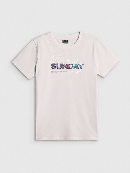 4F T-shirt regular z nadrukiem damski - biały S. Białe t-shirty damskie 4f, s, bez wzorów, z bawełny, bez kołnierzyka. Za 59.99 zł.