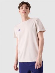 4F T-shirt regular z nadrukiem męski - beżowy L. Brązowe t-shirty męskie 4f, l, bez wzorów, z bawełny, bez kołnierzyka. Za 39.99 zł.