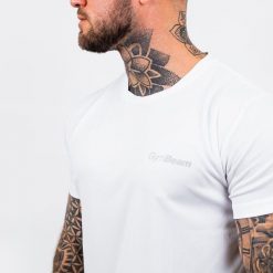 Koszulka męska fitness regular fit biała TRN. Białe t-shirty sportowe męskie GYMBEAM, l, z materiału, bez ramiączek, do biegania. Za 68.90 zł.