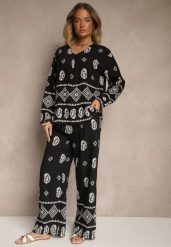 Czarny Komplet w Stylu Etno Spodnie z Gumką w Pasie i Bluzka Oversize Eviralyn. Czarne spodnie materiałowe damskie Renee, bez wzorów, eleganckie. Za 89.99 zł.