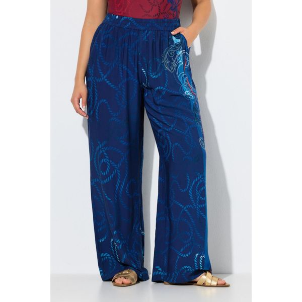 Damskie Spodnie palazzo wzór w sznurki szeroka nogawka elastyczny pas. Niebieskie spodnie dresowe damskie Ulla Popken, plus size, bez wzorów, z materiału. Za 239.99 zł.