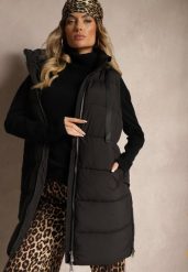 Czarna Długa Kamizelka z Ozdobnym Pikowaniem i Odpinanym Kapturem Neriora. Czarne kamizelki damskie Renee, l, z jeansu, długie. Za 189.99 zł.