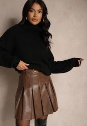 Brązowa Spódnica z Imitacji Skóry o Rozkloszowanym Kroju z Ozdobnym Paskiem Helezi. Brązowe spódniczki damskie Renee, l, bez wzorów, ze skóry, eleganckie, mini, koszulowe. Za 129.99 zł.