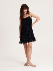 Sukienka mini - czarny. Czarne sukienki damskie Reserved, na co dzień, l, bez wzorów, z tkaniny, bez kołnierzyka, bez ramiączek, mini, proste. W wyprzedaży za 49.99 zł.